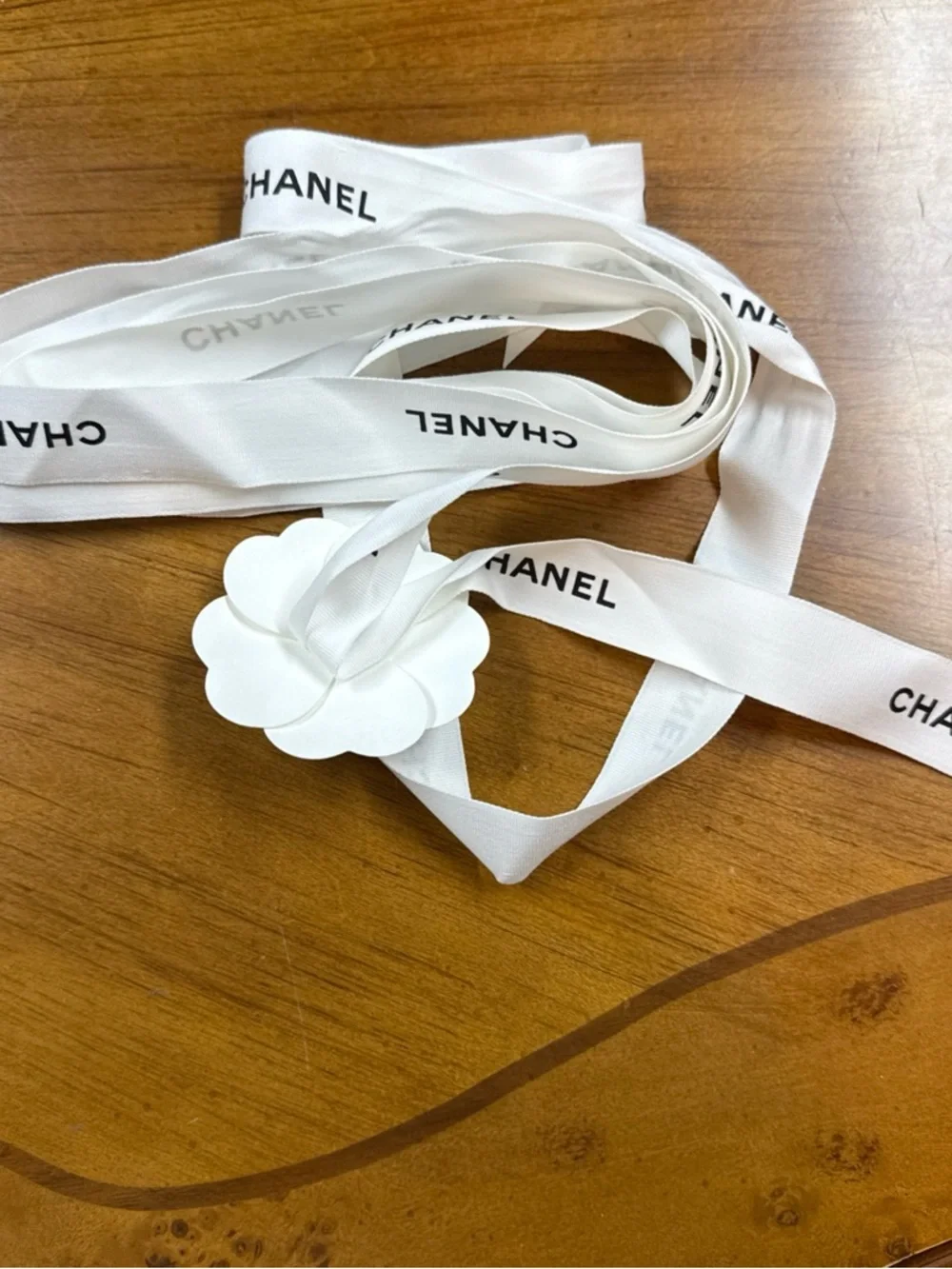 Chanel Gift Wrapping Ribbon 1” W59”L White Black Logo Camellia Flower Tissue